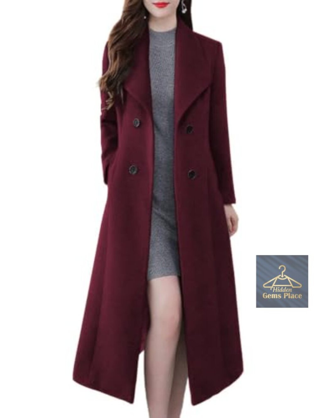 Women's Double Breasted Wool Blend Pea Coat Shawl Lapel Midi Length